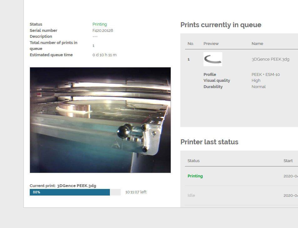 CLOUD online platform for 3D printing management screen of live camera feed with the preview 3D printed part from PEEK.