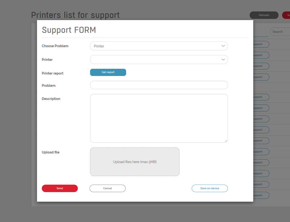 CLOUD online platform for 3D printing management. Screen of support form in service access module